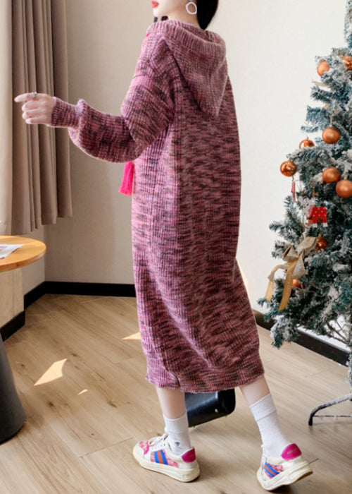 Pink Lace Up Patchwork Cotton Knit Long Dress Winter Rk034