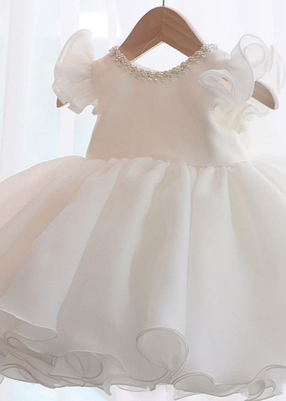 Pink Nail Bead Patchwork Tulle Kids Long Dresses Short Sleeve Ys039