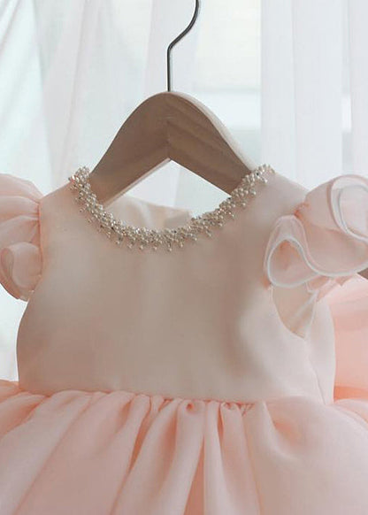 Pink Nail Bead Patchwork Tulle Kids Long Dresses Short Sleeve Ys039