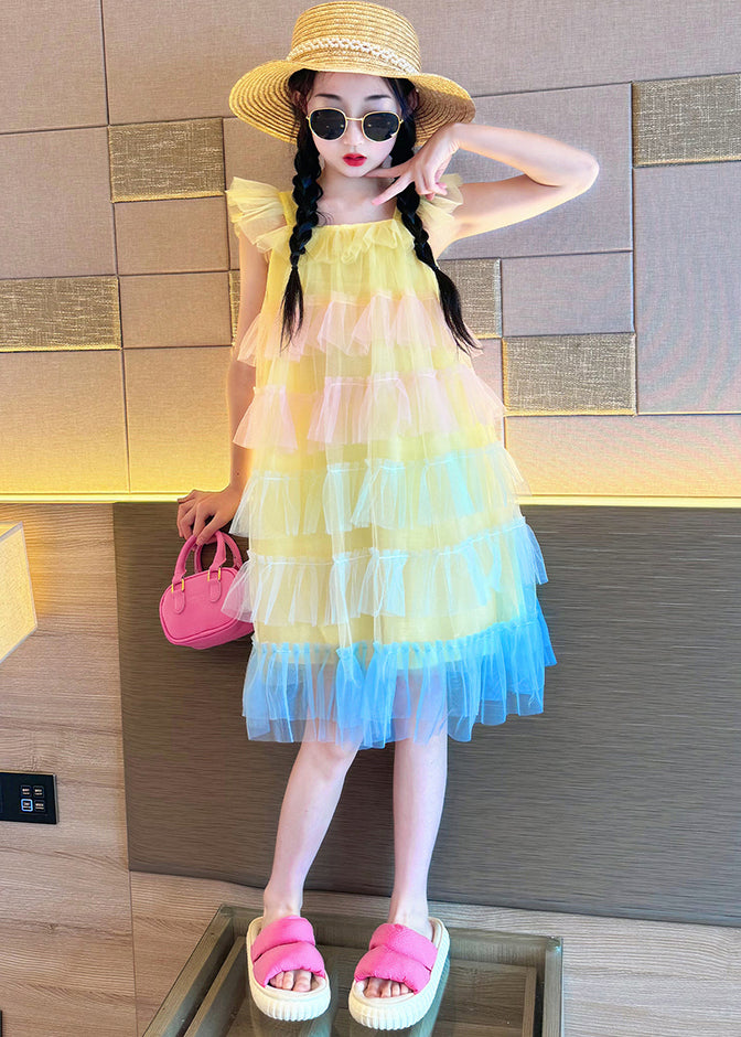 Pink O-neck Patchwork Tulle Kids Vacation Maxi Dresses Summer Ew020