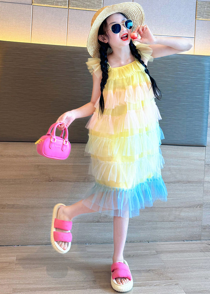Pink O-neck Patchwork Tulle Kids Vacation Maxi Dresses Summer Ew020