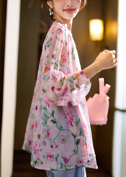 Pink O Neck Print Loose Chiffon Blouse Top Fall Ac1010