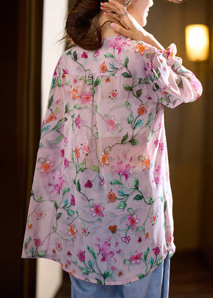 Pink O Neck Print Loose Chiffon Blouse Top Fall Ac1010