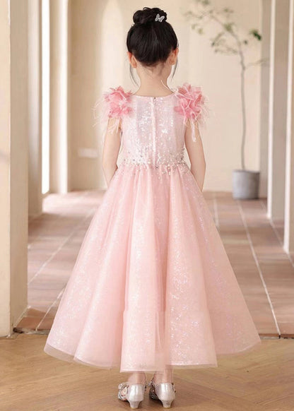 Pink Sequins Patchwork Tulle Maxi Dresses Summer Ye001