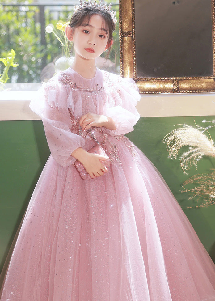 Pink Sequins Patchwork Tulle Kids Maxi Dress Fall Rp029