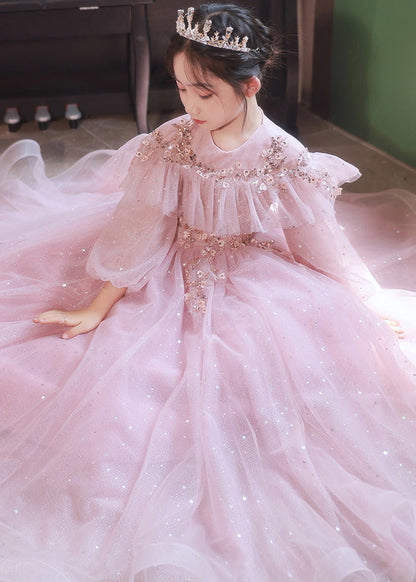 Pink Sequins Patchwork Tulle Kids Maxi Dress Fall Rp029
