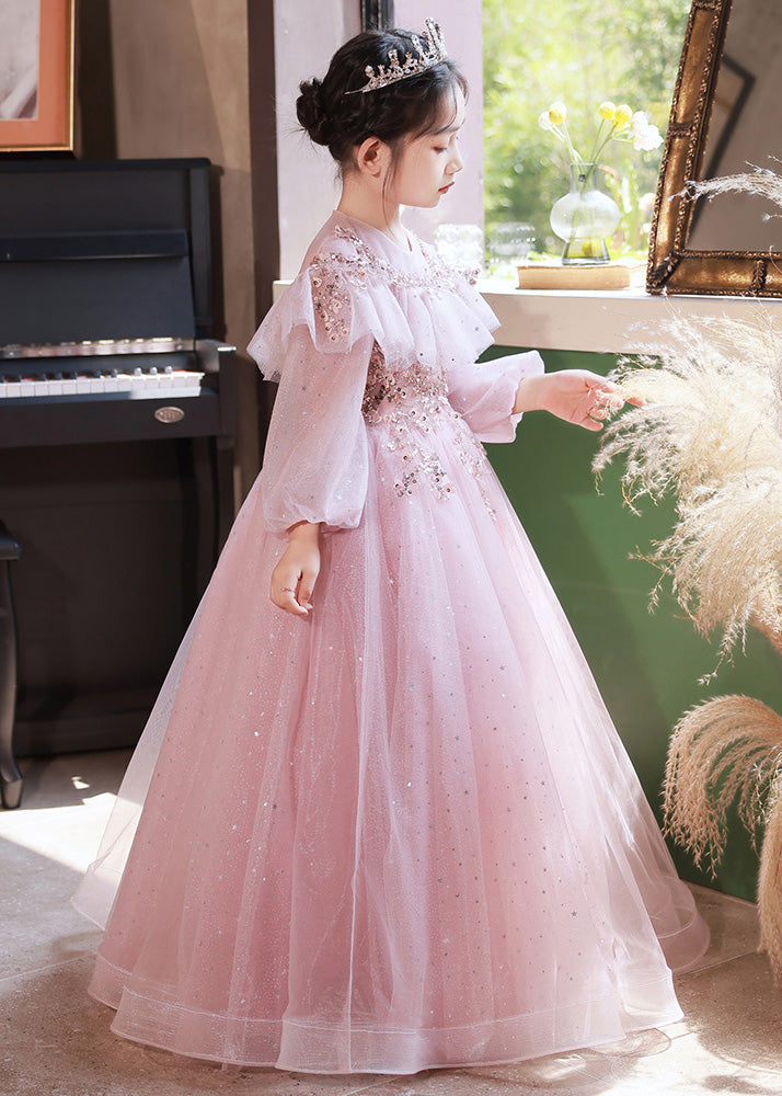 Pink Sequins Patchwork Tulle Kids Maxi Dress Fall Rp029