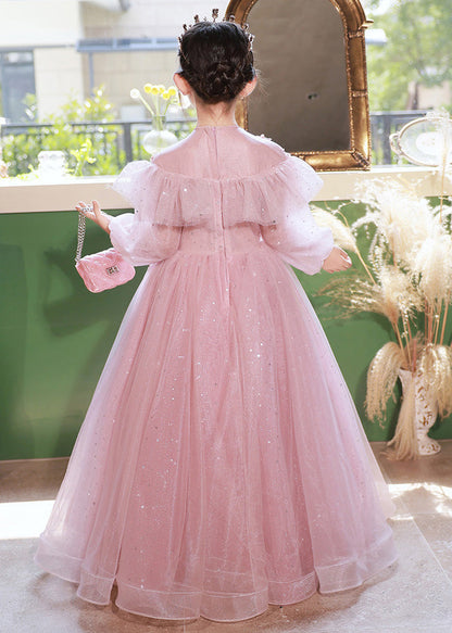 Pink Sequins Patchwork Tulle Kids Maxi Dress Fall Rp029