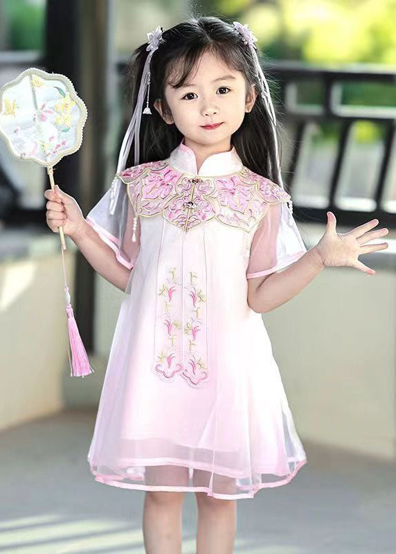 Pink Stand Collar Embroideried Tulle Holiday Tulle Maxi Dress Summer Mn026