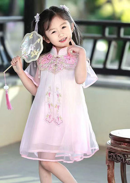 Pink Stand Collar Embroideried Tulle Holiday Tulle Maxi Dress Summer Mn026