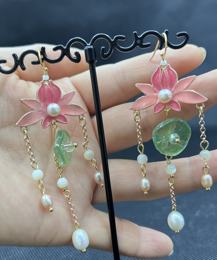 Pink Sterling Silver Lotus Drop Earrings