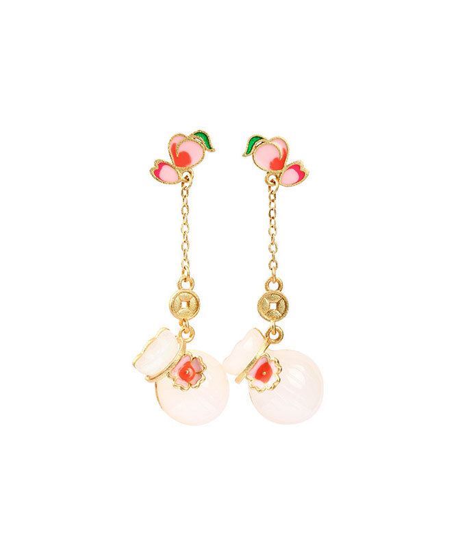 Pink Sterling Silver Overgild Jade Enamel Money Bag Drop Earrings
