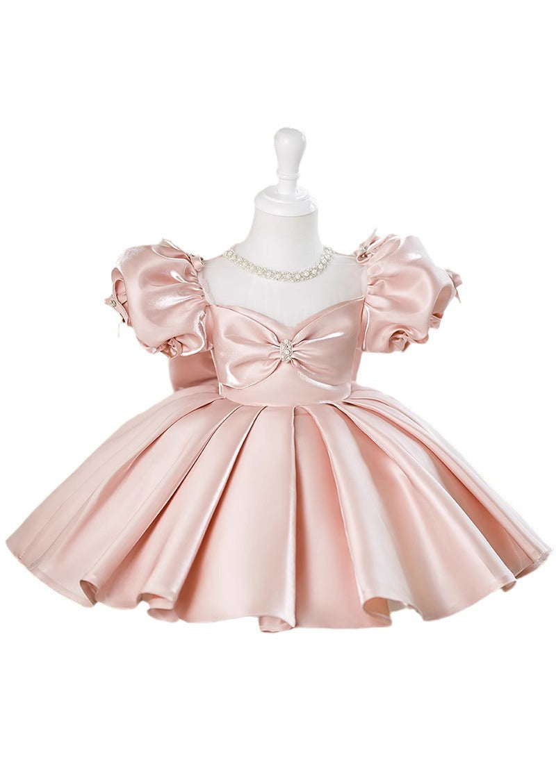 Pink V Neck Bow Silk Kids Maxi Dress Summer Ys023