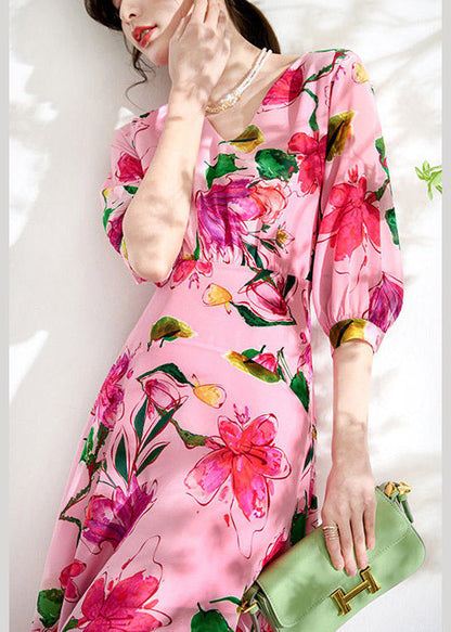 Pink V Neck Print Tunic Chiffon Long Dresses Summer Ly1519