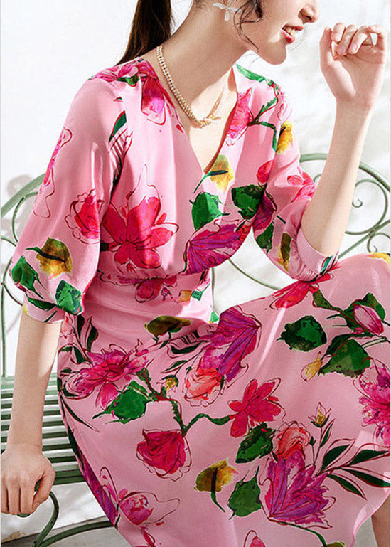Pink V Neck Print Tunic Chiffon Long Dresses Summer Ly1519