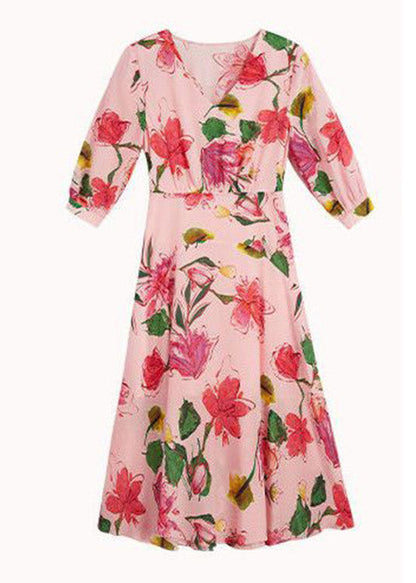 Pink V Neck Print Tunic Chiffon Long Dresses Summer Ly1519