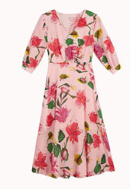 Pink V Neck Print Tunic Chiffon Long Dresses Summer Ly1519