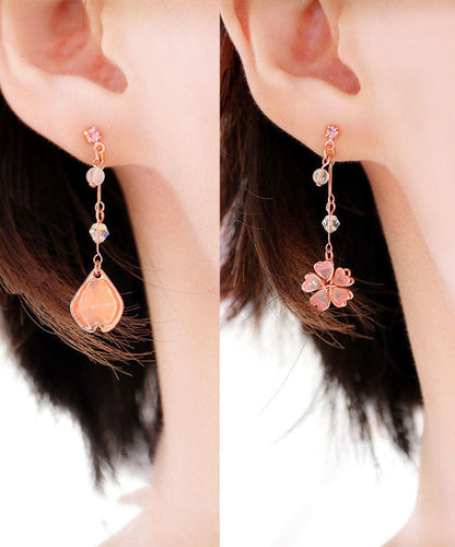 Pink Water Drops and Cherry Blossoms Crystal Asymmetrical Design Drop Earrings