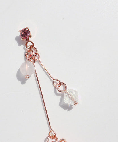 Pink Water Drops and Cherry Blossoms Crystal Asymmetrical Design Drop Earrings