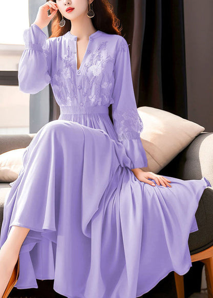 Purple Embroidered Lace Elastic Waist Maxi Dresses Fall Qr031
