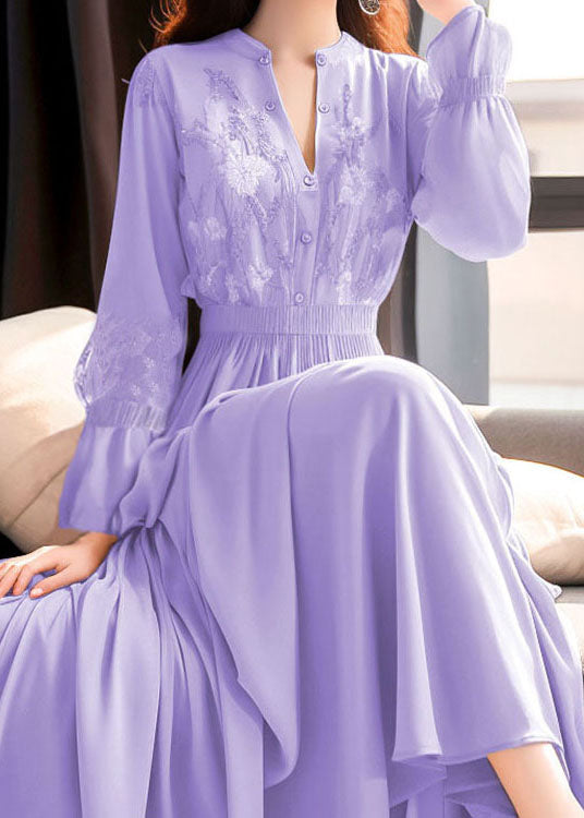 Purple Embroidered Lace Elastic Waist Maxi Dresses Fall Qr031