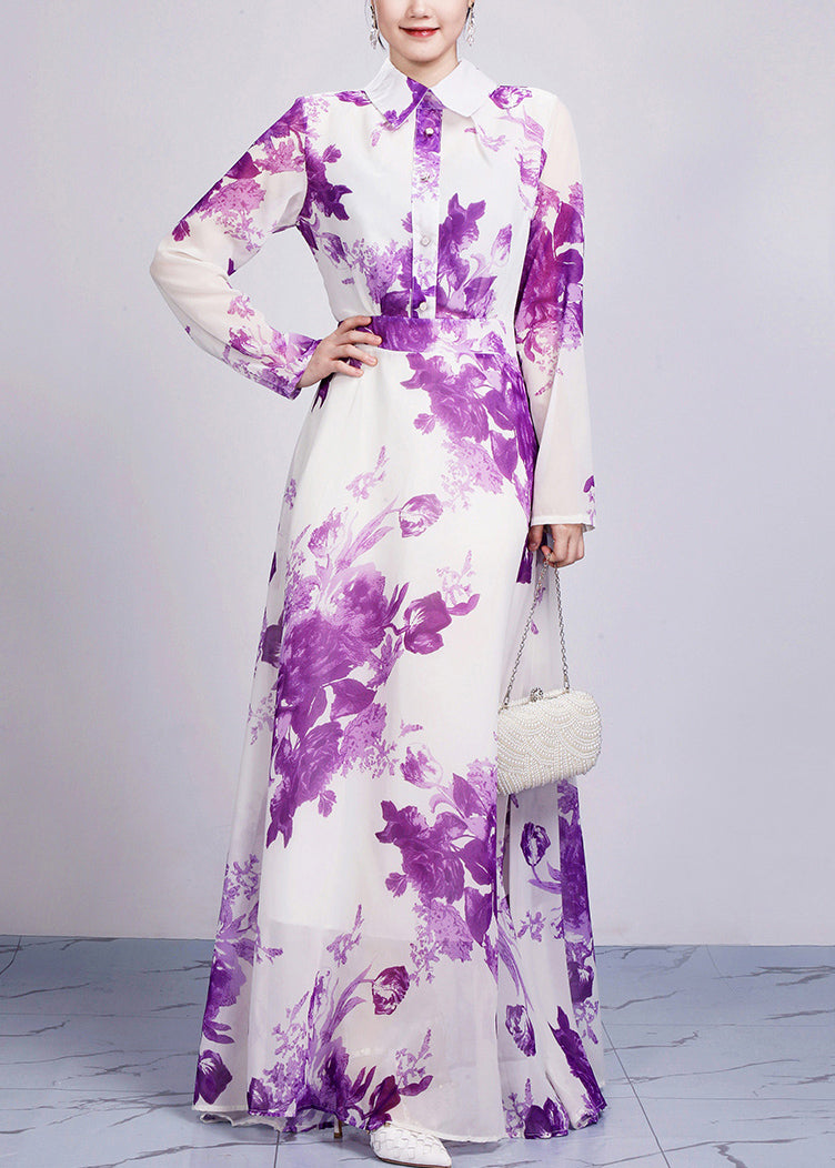 Purple Peter Pan Collar Print Chiffon Maxi Dresses Long Sleeve Ar1029