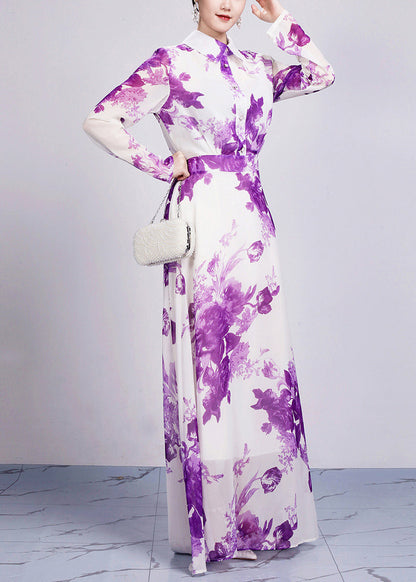 Purple Peter Pan Collar Print Chiffon Maxi Dresses Long Sleeve Ar1029