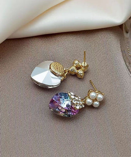 Purple Sterling Silver Inlaid Zircon Crystal Pearl Love Drop Earrings