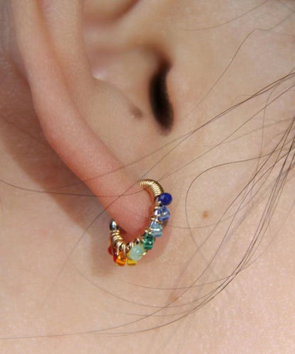 Rainbow Alloy Glass Bead Hoop Earrings