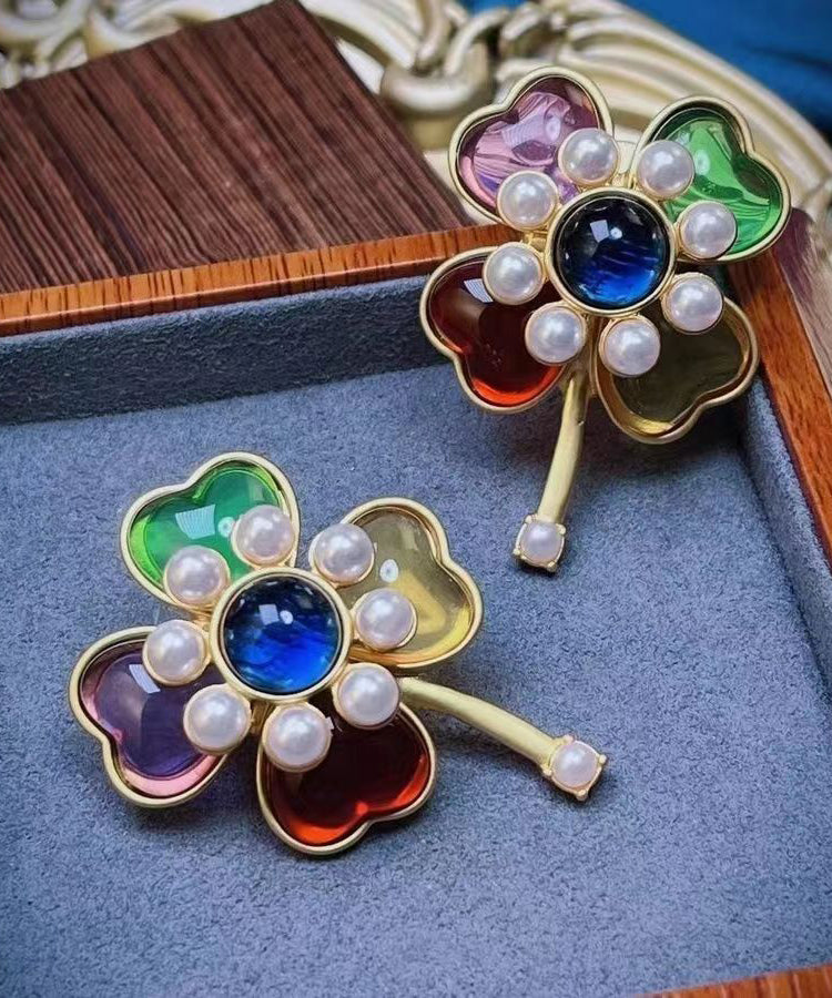 Rainbow Sterling Silver Overgild Pearl Stud Earrings Df1028