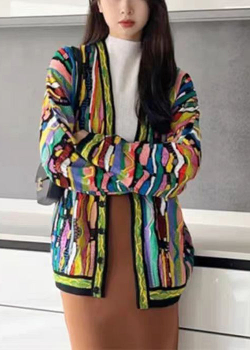 Rainbow V Neck Button Cotton Knit Cardigan Long Sleeve Ee044
