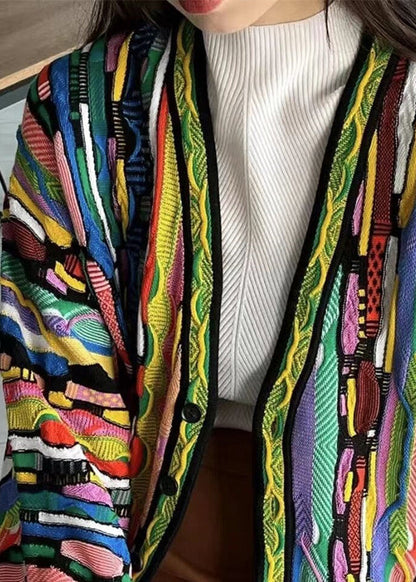 Rainbow V Neck Button Cotton Knit Cardigan Long Sleeve Ee044