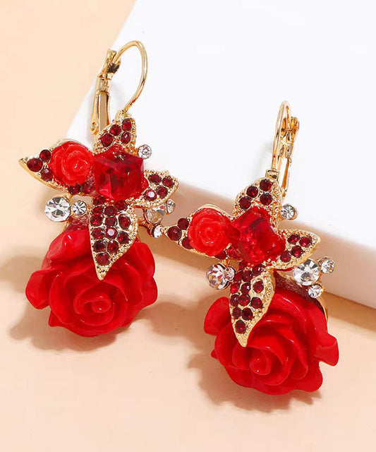 Red Acrylic Alloy Zircon Butterfly Drop Earrings