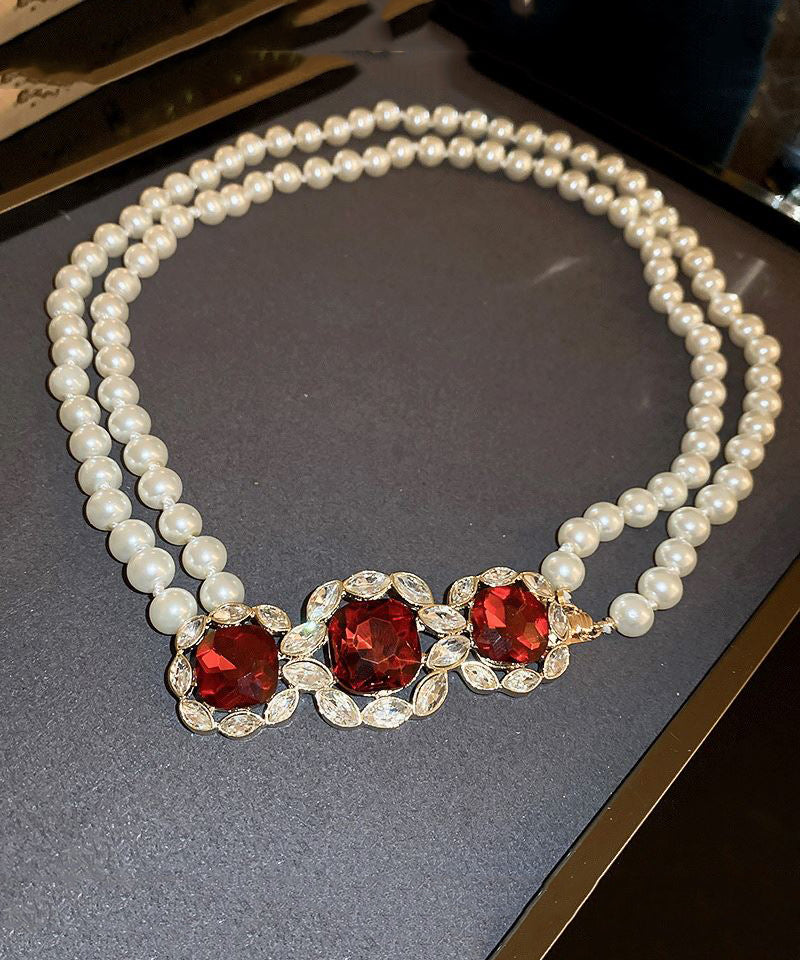 Red Alloy Zircon Bilayer Pearl Gratuated Bead Necklace Gh1022