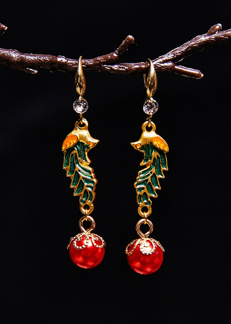 Red Pearl Cloisonne Gilding Drop Earrings