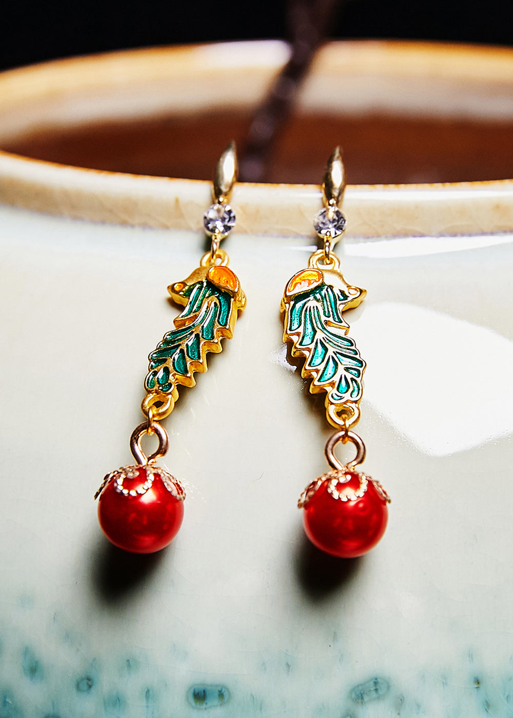 Red Pearl Cloisonne Gilding Drop Earrings