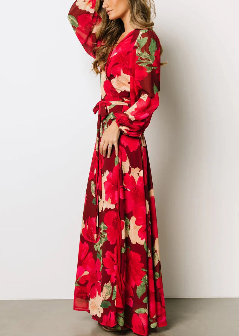 Red Print Side Open Cotton Maxi Dresses Fall Au1024