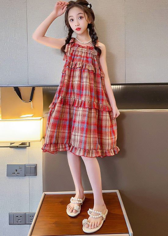 Red Slash Neck Ruffled Plaid Patchwork Slip Long Dress Summer Gf016