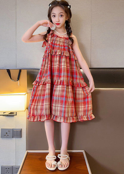 Red Slash Neck Ruffled Plaid Patchwork Slip Long Dress Summer Gf016