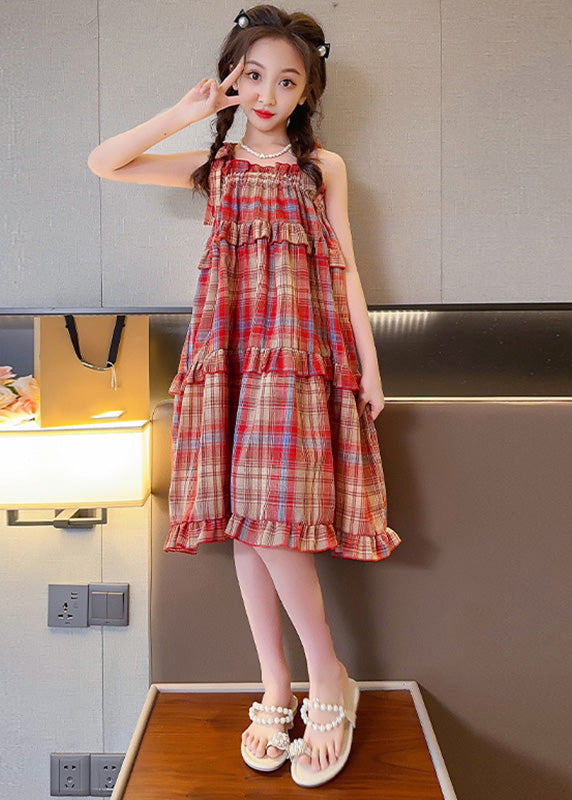 Red Slash Neck Ruffled Plaid Patchwork Slip Long Dress Summer Gf016