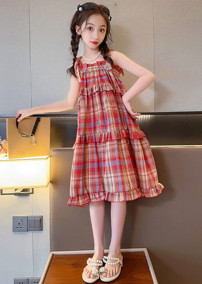 Red Slash Neck Ruffled Plaid Patchwork Slip Long Dress Summer Gf016