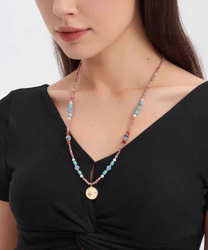 Red Stainless Steel Turquoise Rhodochrosite Pendant Necklace