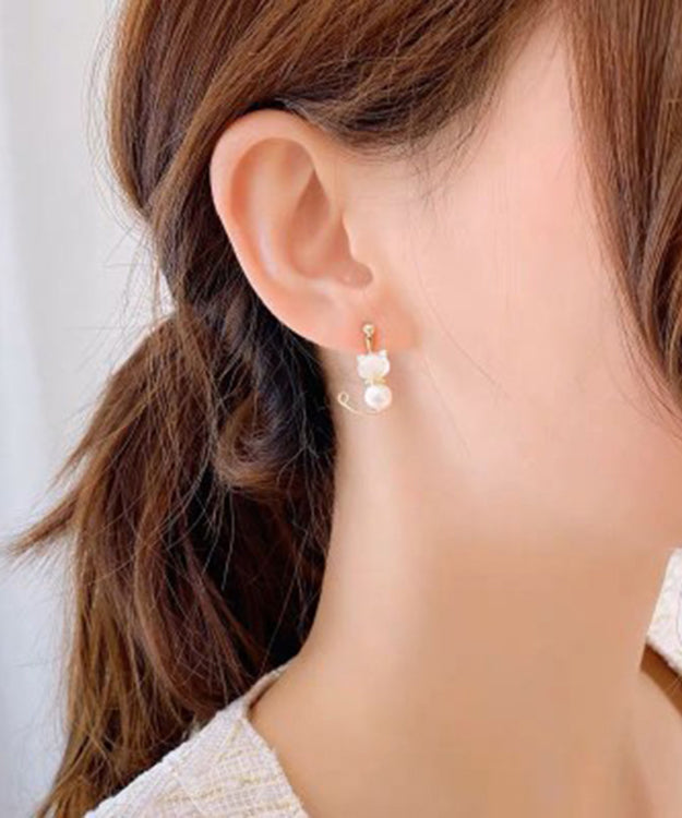 White Gold Copper Overgild Pearl Little Cats Asymmetric Drop Earrings