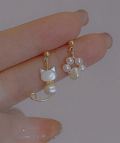 White Gold Copper Overgild Pearl Little Cats Asymmetric Drop Earrings Kx1021
