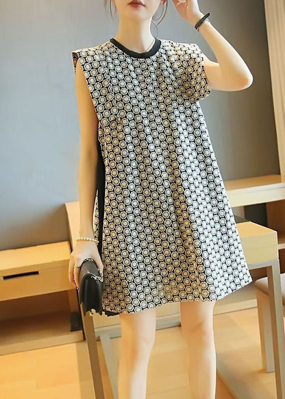 White O-neck Patchwork Print Wrinkled Mini Dress Sleeveless Ly1421