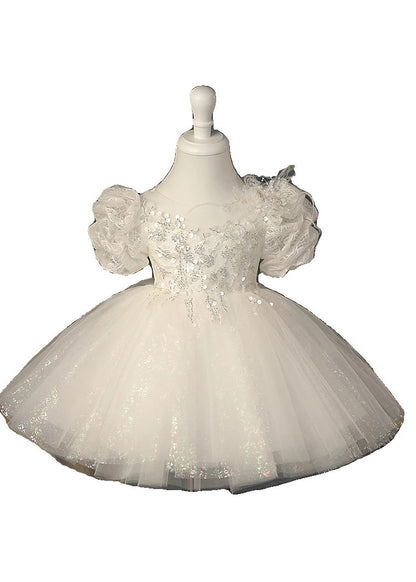 White O-neck Sequins Tunic Tulle Kids Maxi Dresses Summer Yg009