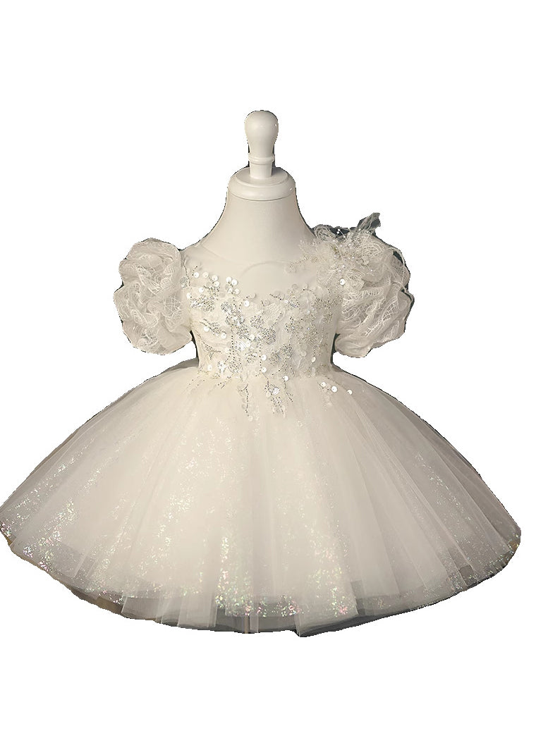 White O-neck Sequins Tunic Tulle Kids Maxi Dresses Summer Yg009