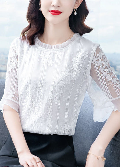 White Ruffled Embroideried Patchwork Chiffon Blouse Tops Summer Ly0434
