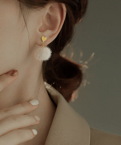 White Sterling Silver Olil Drip Love Hairball Drop Earrings
