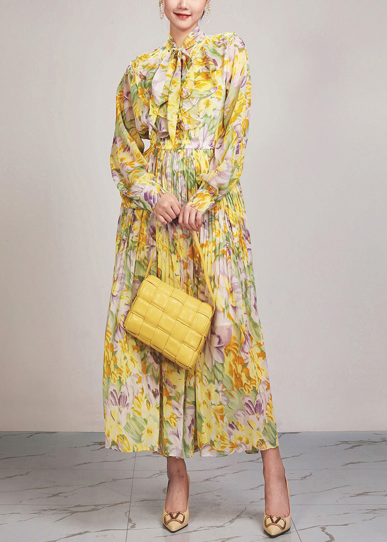 Yellow Print Lace Up Chiffon Long Dress Long Sleeve Ar1037